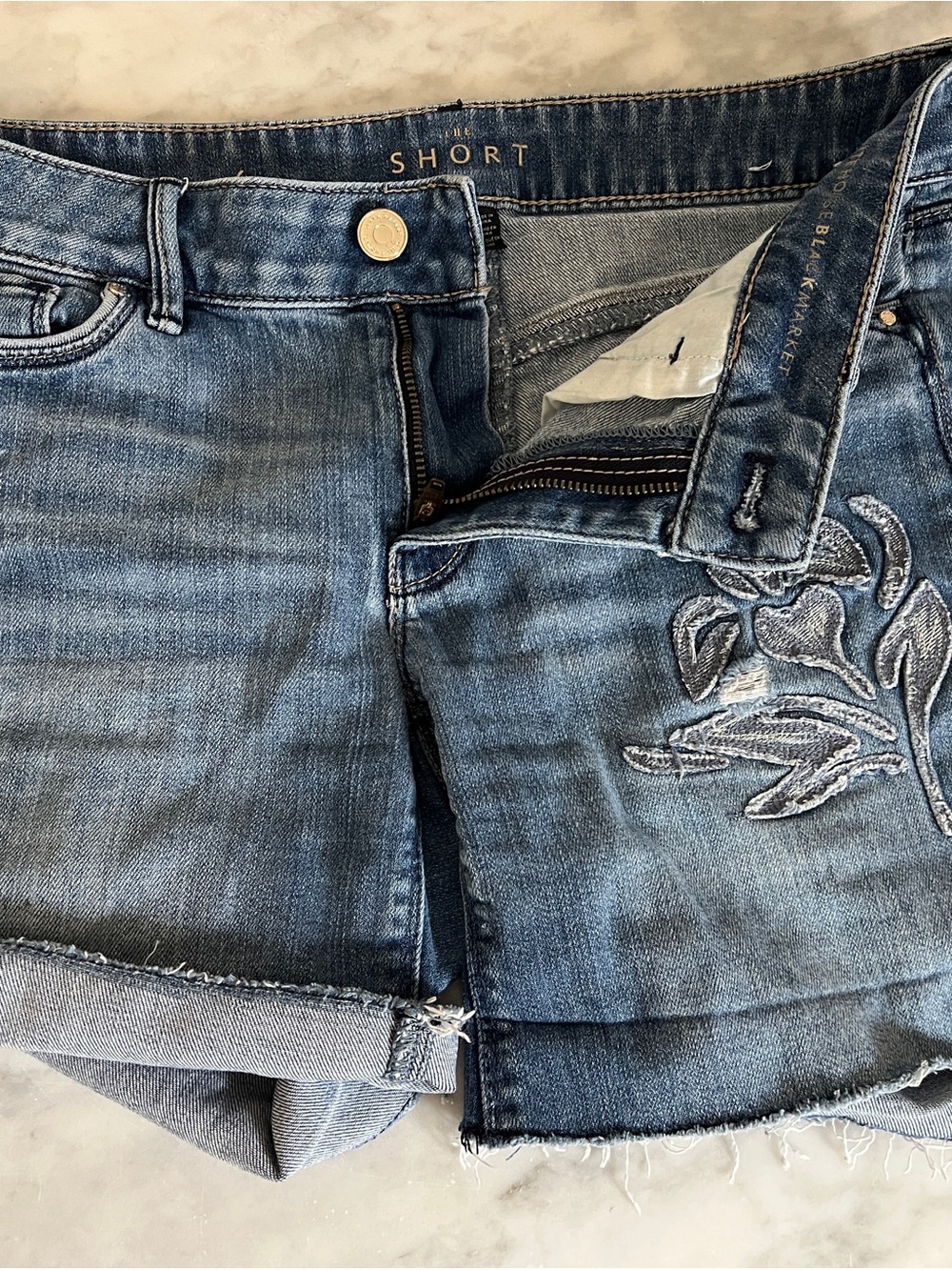 White House Black Market Blue Embroidered Denim Shorts